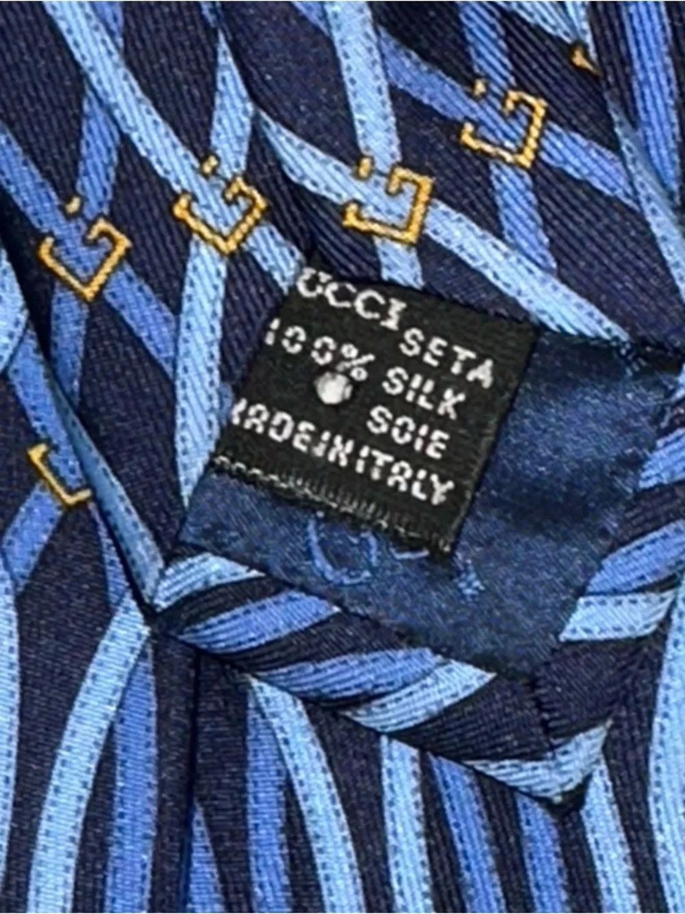 Gucci Navy Light Blue Gold G Logo Link Interlocking Print Silk Necktie Tie - Picture 8 of 12